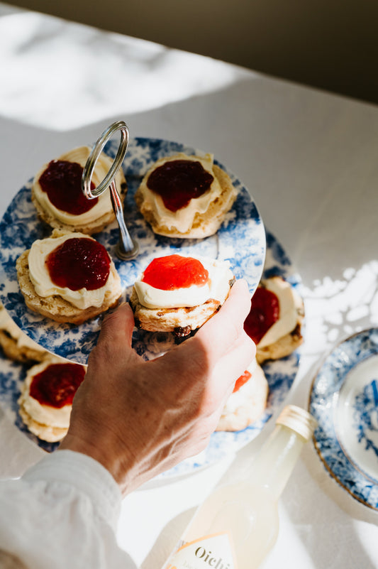 Norfolk Strawberry Scones with Clotted Cream, served with Elderflower Kombucha