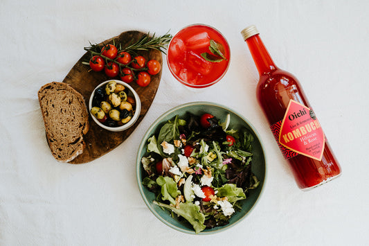 Celebrate Summer with a Simple Garden Salad paired with Oichi Hibiscus & Rose Kombucha