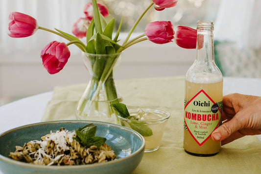 Fresh Homemade Pesto Pasta with Lime, Ginger & Mint Kombucha